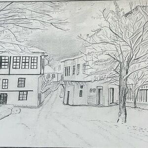Monochrome Street Scene Sketch. Art Print Signed By Artist L Kousy
